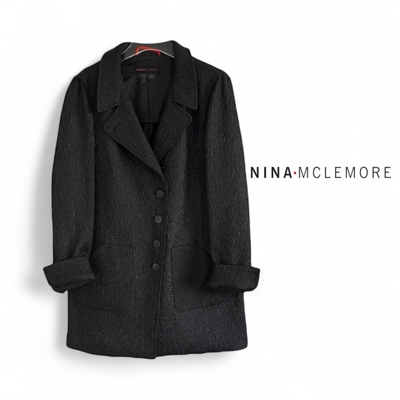 NINA McLEMORE CHARCOAL BLACK TEXTURED LONG BUTTON FRONT JACKET CAR COAT SZ M - Picture 2 of 3